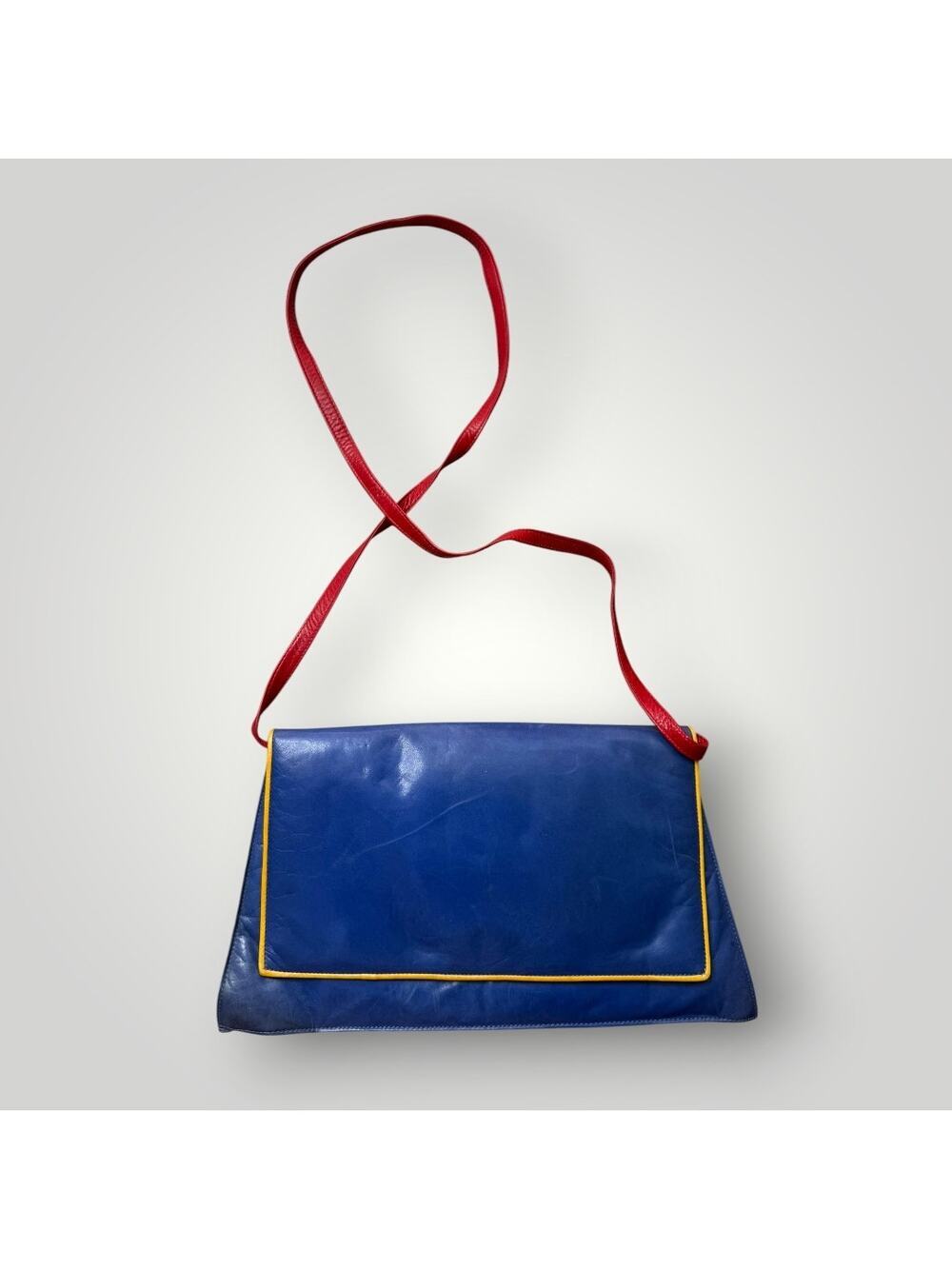 Vintage Charles Jourdan Paris France Colorblock Leather Shoulder Bag Blue